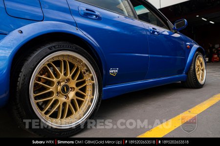 18x8.5 18x9.5 Simmons OM-1 Gold on Subaru WRX